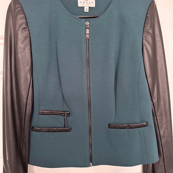 Chaus Jackets & Blazers - CHAUS New York Blue Moto Jacket with Black Faux Leather Sleeves (size 4)